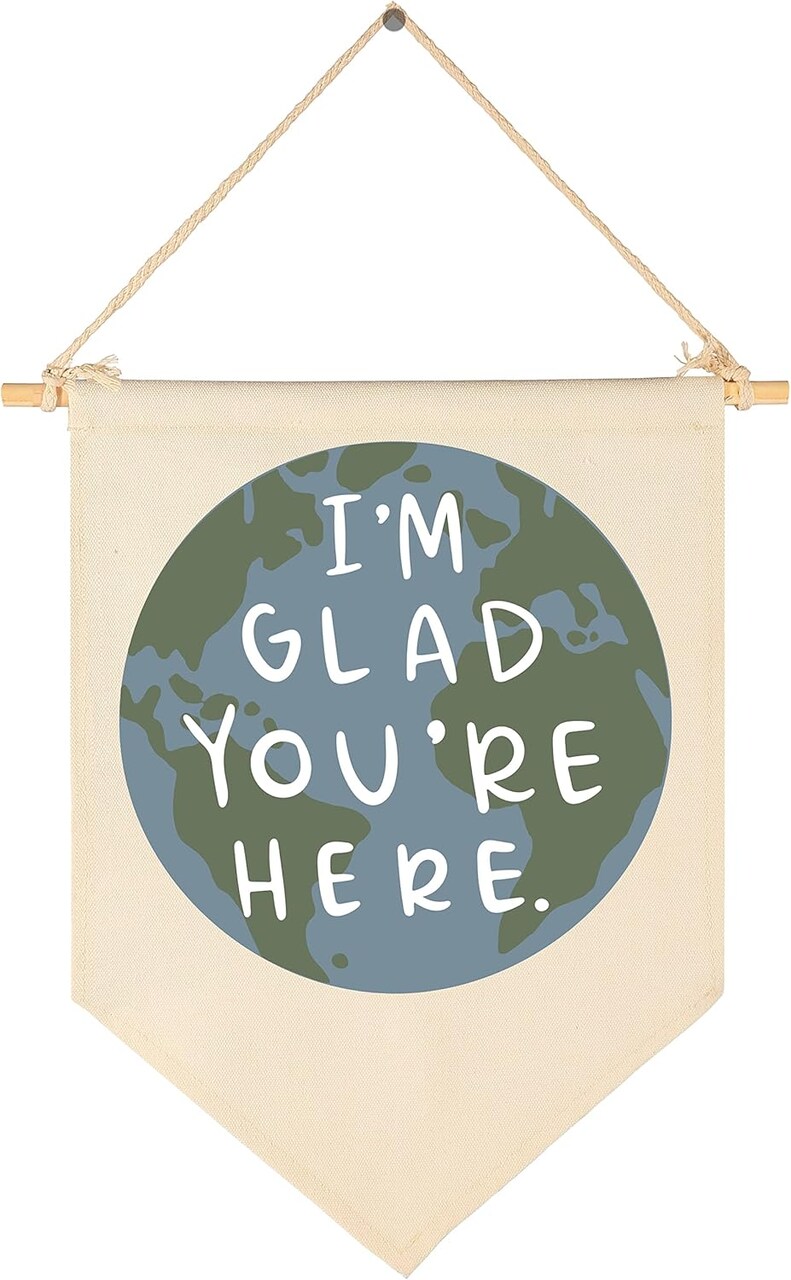 “I’m Glad You’re Here” Classroom Wall Banner – Inspirational Earth Theme Canvas Hanging Pennant Sign, Positive Affirmation Teacher Decor for Classroom, Office, Counseling & Reading Corner (15.4” x 11”)